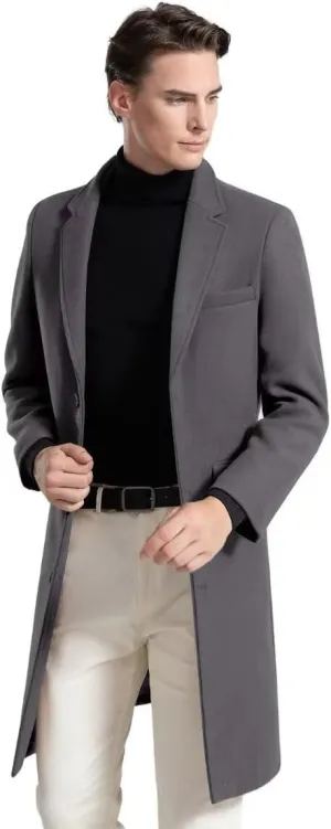 INVACHI Men's Wool Blend Long Trench Coat Slim Fit Business Overcoat Single Breasted Pea Coat with Notched Collar