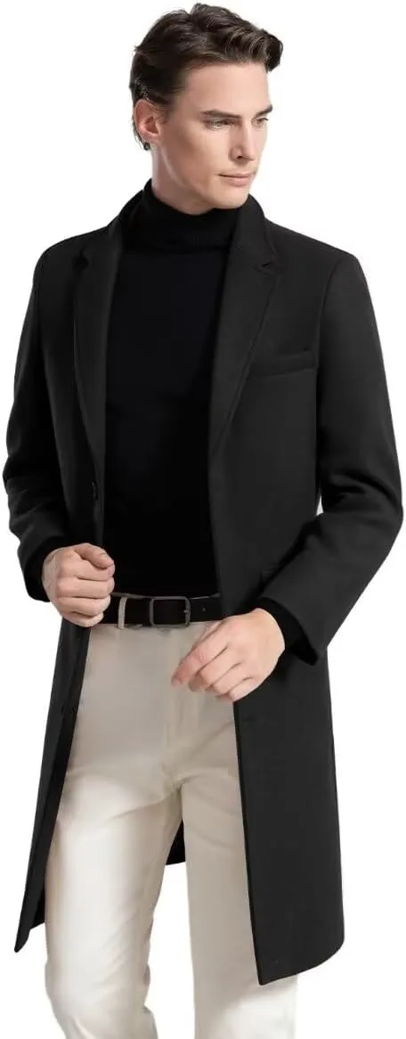 INVACHI Men's Wool Blend Long Trench Coat Slim Fit Business Overcoat Single Breasted Pea Coat with Notched Collar