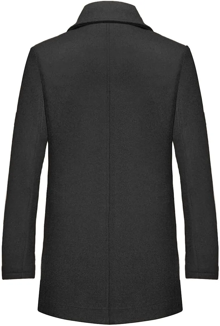INVACHI Men's Wool Blend Pea Coat Warm Winter Trench Coat with Detachable Soft Scarf Single Breasted Overcoat