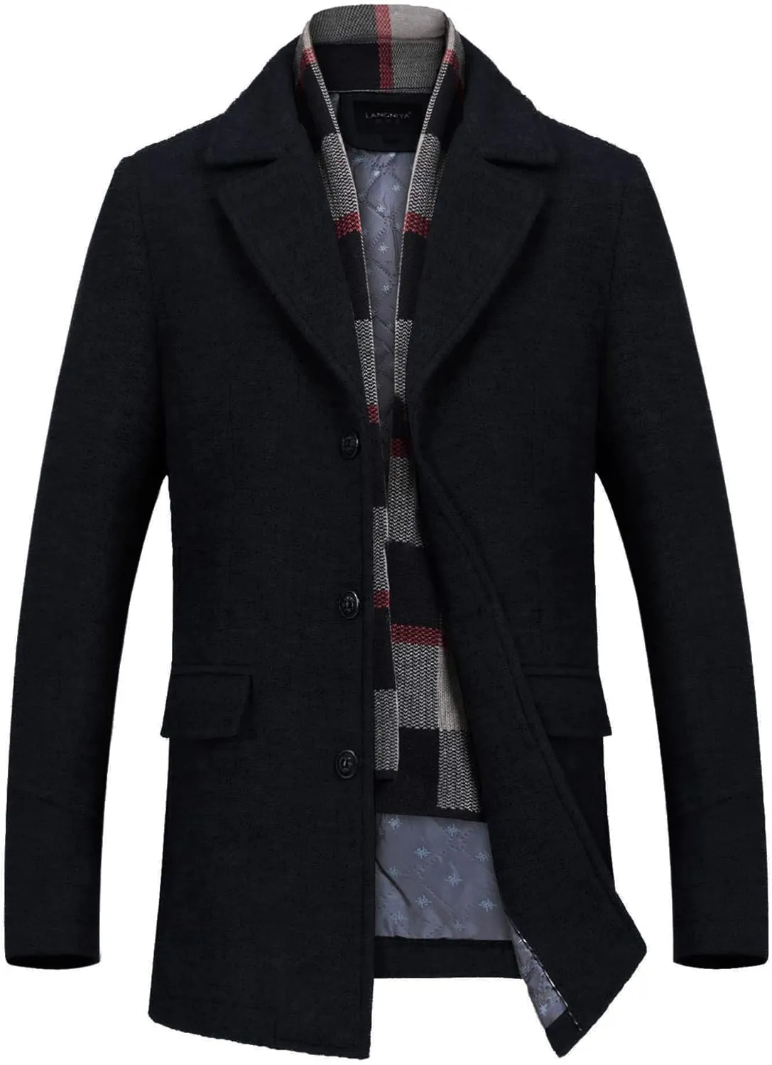 INVACHI Men's Wool Blend Pea Coat Warm Winter Trench Coat with Detachable Soft Scarf Single Breasted Overcoat