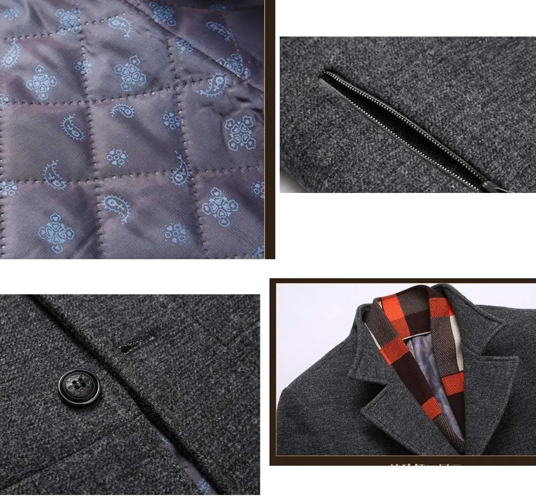 INVACHI Men's Wool Blend Pea Coat Warm Winter Trench Coat with Detachable Soft Scarf Single Breasted Overcoat