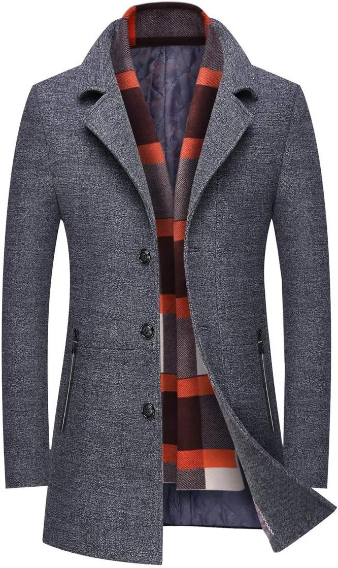 INVACHI Men's Wool Blend Pea Coat Warm Winter Trench Coat with Detachable Soft Scarf Single Breasted Overcoat