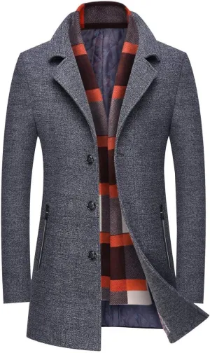INVACHI Men's Wool Blend Pea Coat Warm Winter Trench Coat with Detachable Soft Scarf Single Breasted Overcoat