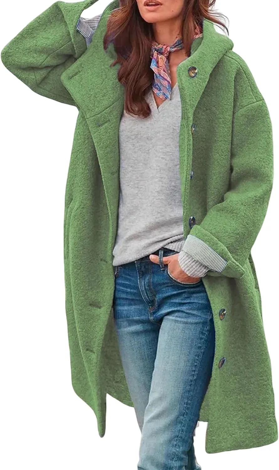 IVERIRMIN Women's Faux Wool Blend Mid Long Coat Button Down Long Sleeve Flannel Hooded Trench Coats with Pockets