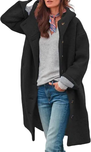 IVERIRMIN Women's Faux Wool Blend Mid Long Coat Button Down Long Sleeve Flannel Hooded Trench Coats with Pockets