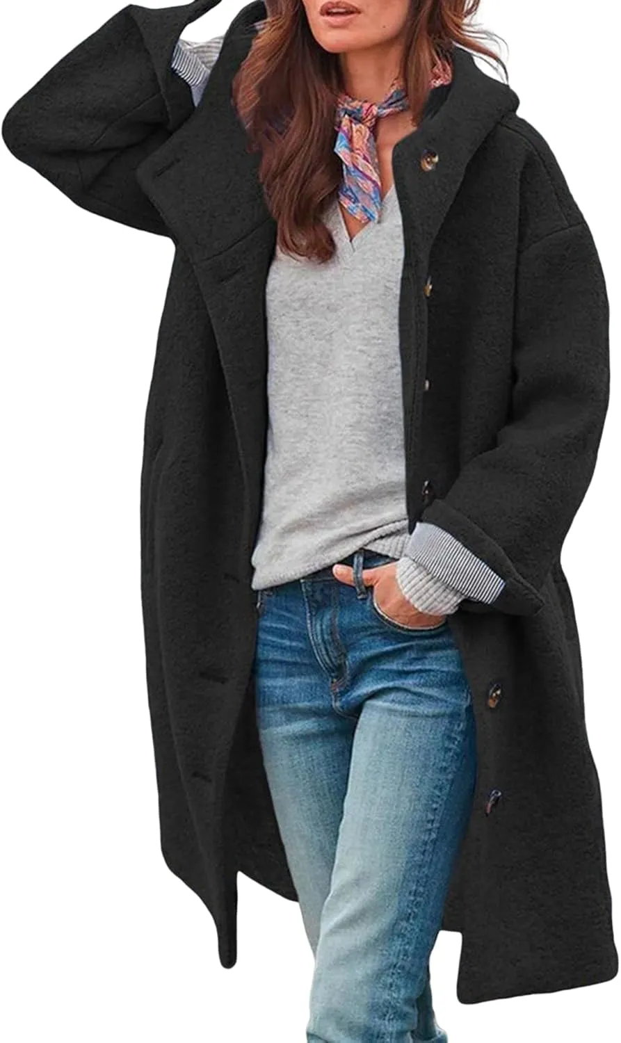 IVERIRMIN Women's Faux Wool Blend Mid Long Coat Button Down Long Sleeve Flannel Hooded Trench Coats with Pockets