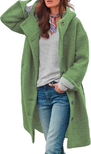 IVERIRMIN Women's Faux Wool Blend Mid Long Coat Button Down Long Sleeve Flannel Hooded Trench Coats with Pockets
