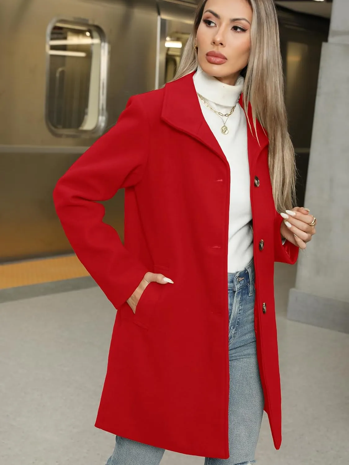 Jenkoon Women Single-Breasted A-Lined Winter Coat Mid Long Wool Blend Coat
