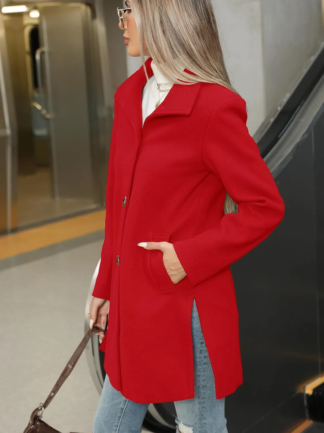 Jenkoon Women Single-Breasted A-Lined Winter Coat Mid Long Wool Blend Coat