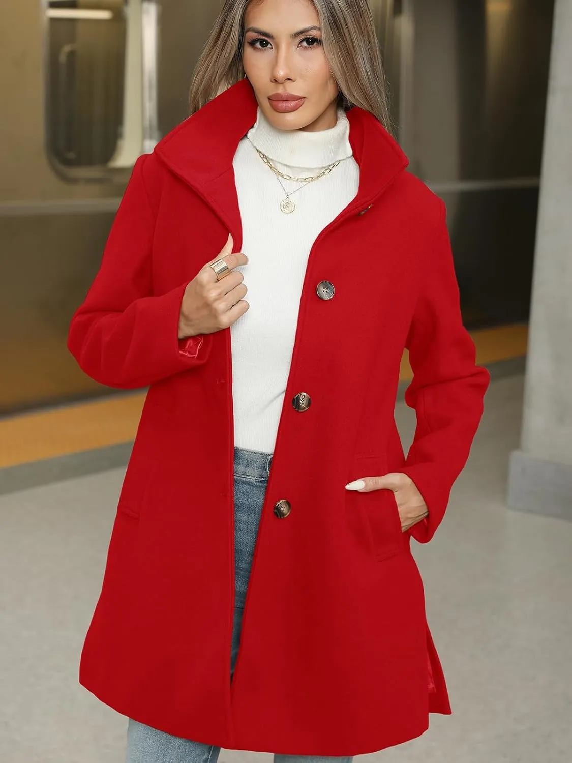 Jenkoon Women Single-Breasted A-Lined Winter Coat Mid Long Wool Blend Coat