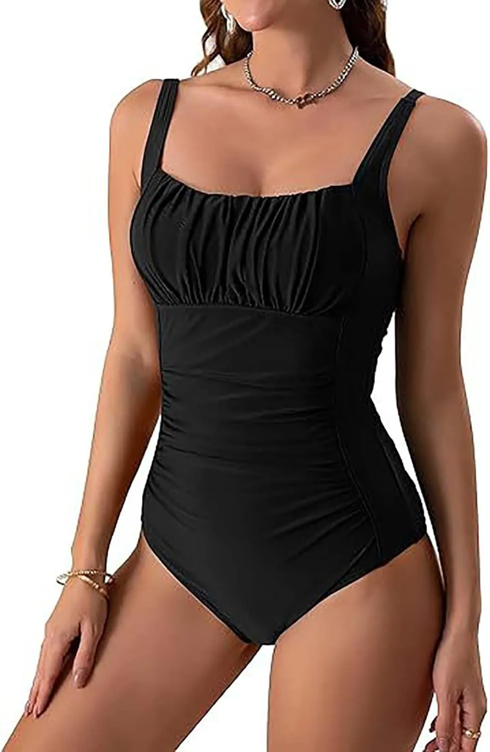 jsaierl Womens High Waisted Tummy Control Bikini One Piece Bathing Suit Slimming Square Neck Ruched Summer 1 Piece Swimsuit
