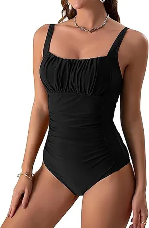 jsaierl Womens High Waisted Tummy Control Bikini One Piece Bathing Suit Slimming Square Neck Ruched Summer 1 Piece Swimsuit