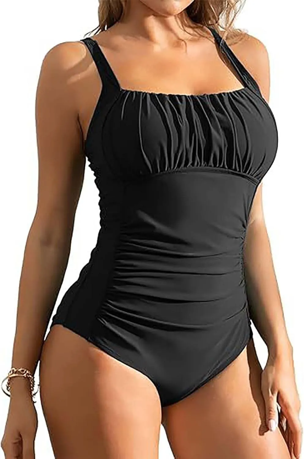 jsaierl Womens High Waisted Tummy Control Bikini One Piece Bathing Suit Slimming Square Neck Ruched Summer 1 Piece Swimsuit
