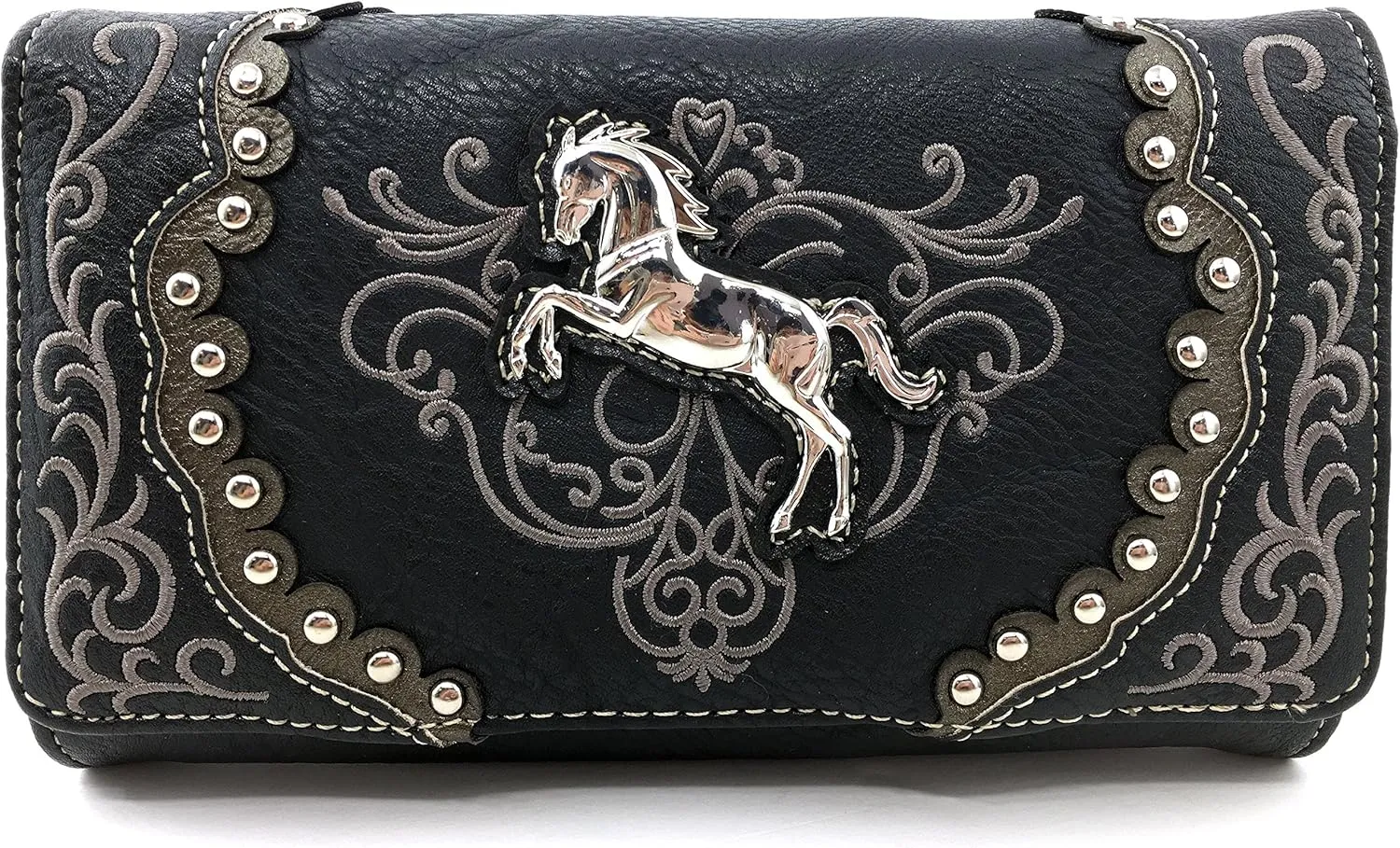 Justin West Horse Floral Embroidery Square Stud Wristlet Trifold Wallet Attachable Long Strap (Black)