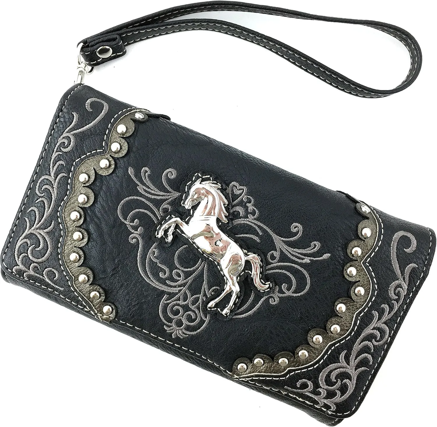 Justin West Horse Floral Embroidery Square Stud Wristlet Trifold Wallet Attachable Long Strap (Black)