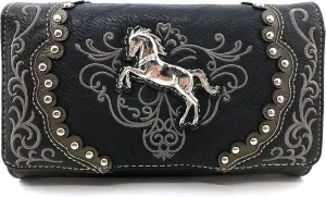 Justin West Horse Floral Embroidery Square Stud Wristlet Trifold Wallet Attachable Long Strap (Black)