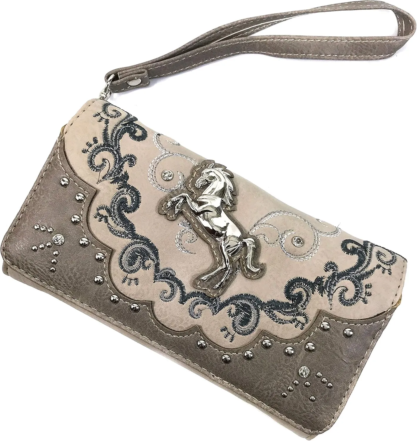 Justin West Horse Floral Embroidery Square Stud Wristlet Trifold Wallet Attachable Long Strap (Pewter)