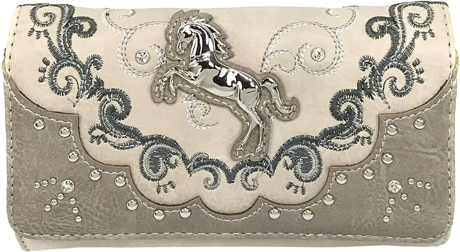 Justin West Horse Floral Embroidery Square Stud Wristlet Trifold Wallet Attachable Long Strap (Pewter)