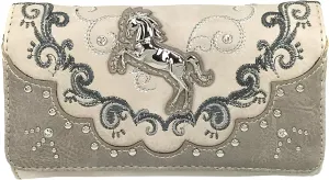 Justin West Horse Floral Embroidery Square Stud Wristlet Trifold Wallet Attachable Long Strap (Pewter)
