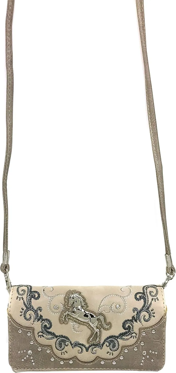 Justin West Horse Floral Embroidery Square Stud Wristlet Trifold Wallet Attachable Long Strap (Pewter)