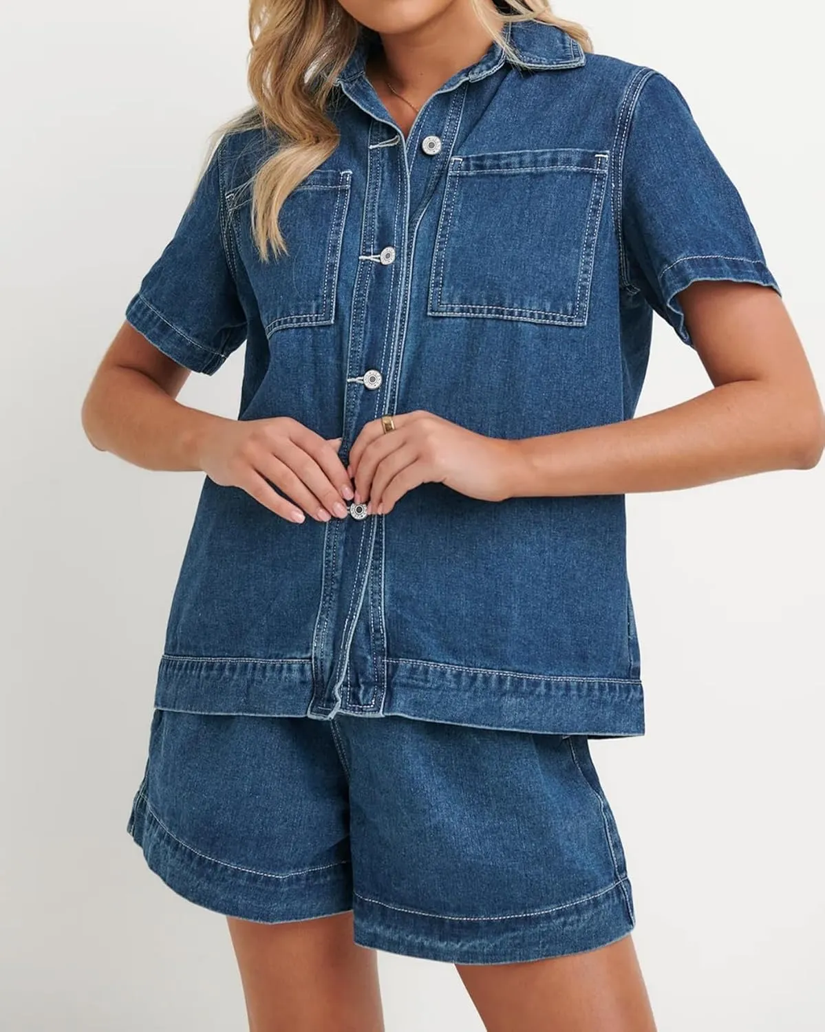 Kedera Summer Denim Set for Women 2 piece Casual Short Sleeve Boxy Shirt Tops and Shorts Pants Lounge Sets Outfits