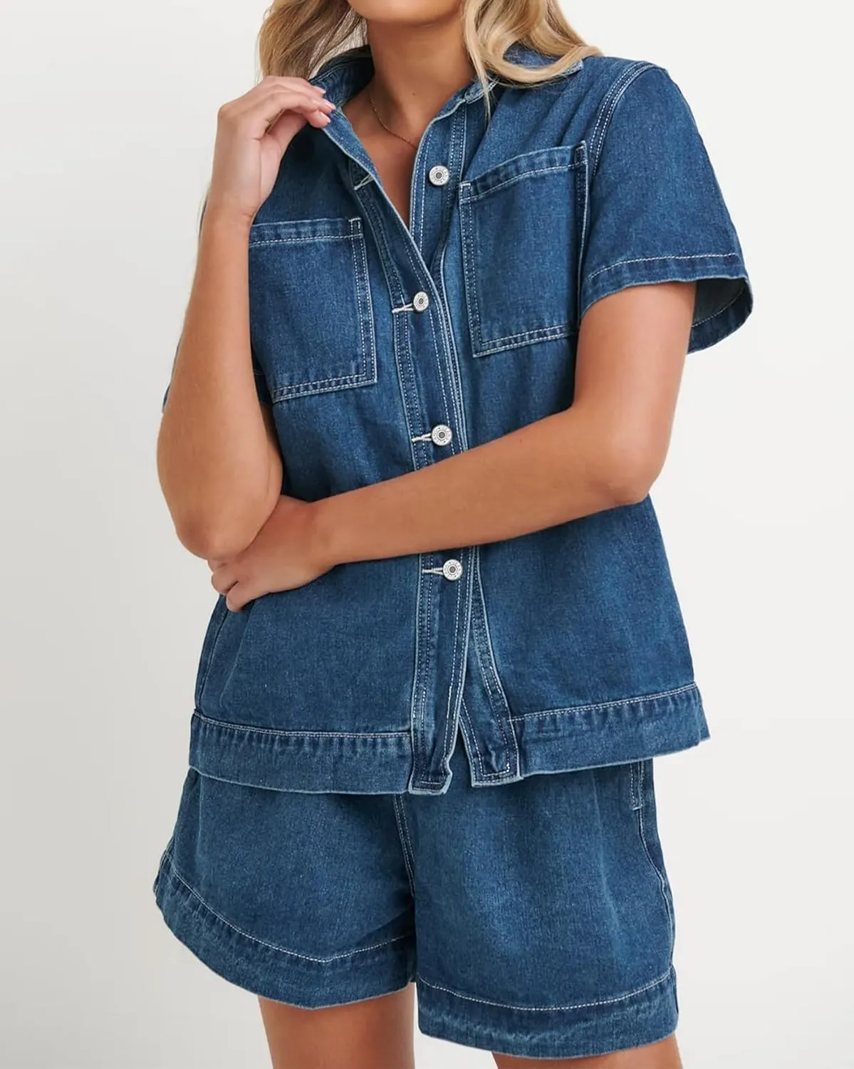 Kedera Summer Denim Set for Women 2 piece Casual Short Sleeve Boxy Shirt Tops and Shorts Pants Lounge Sets Outfits