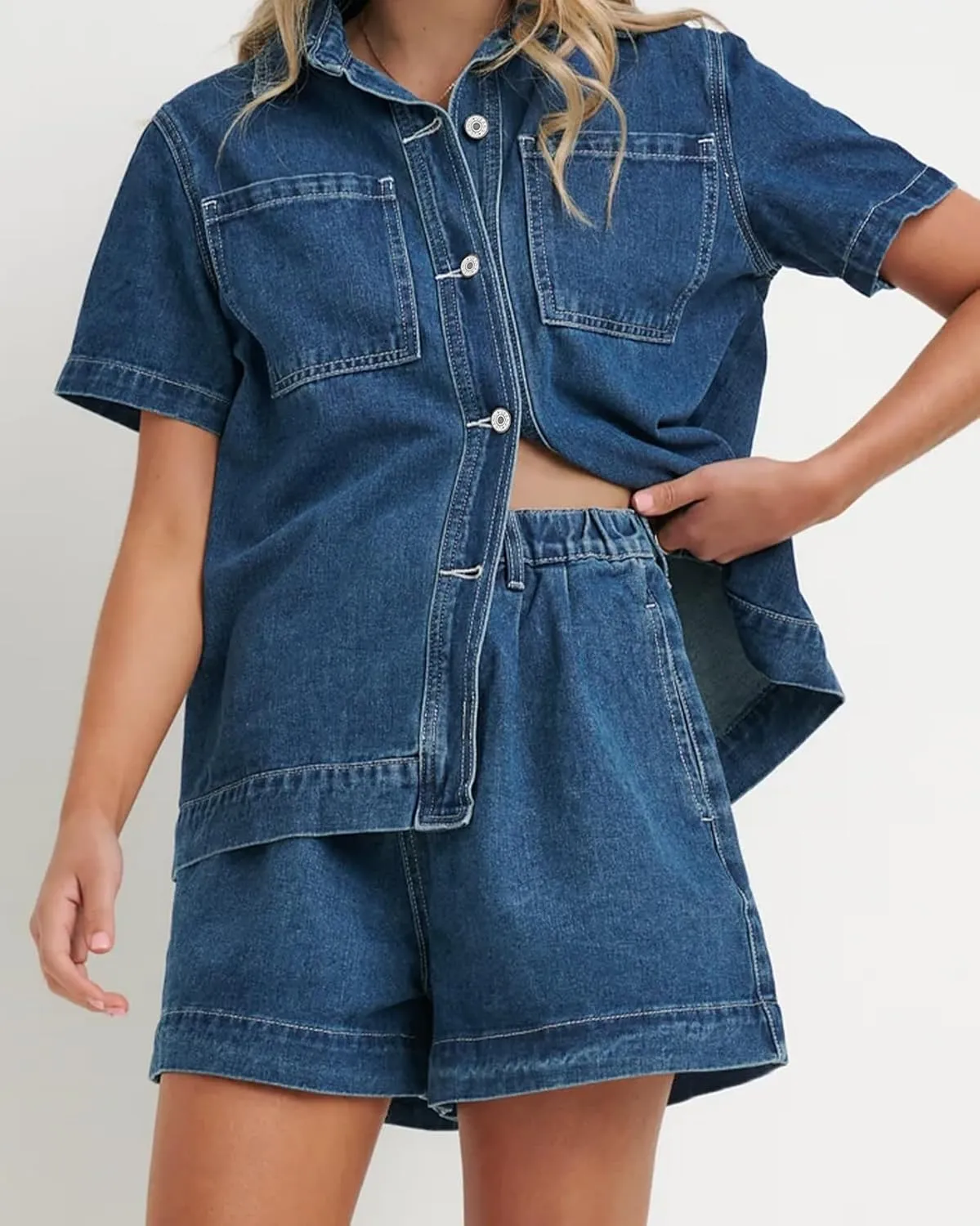 Kedera Summer Denim Set for Women 2 piece Casual Short Sleeve Boxy Shirt Tops and Shorts Pants Lounge Sets Outfits