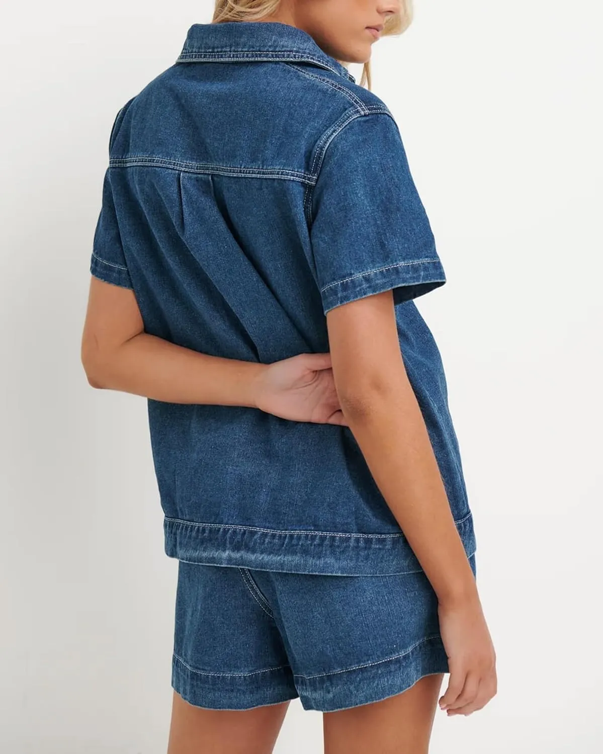 Kedera Summer Denim Set for Women 2 piece Casual Short Sleeve Boxy Shirt Tops and Shorts Pants Lounge Sets Outfits
