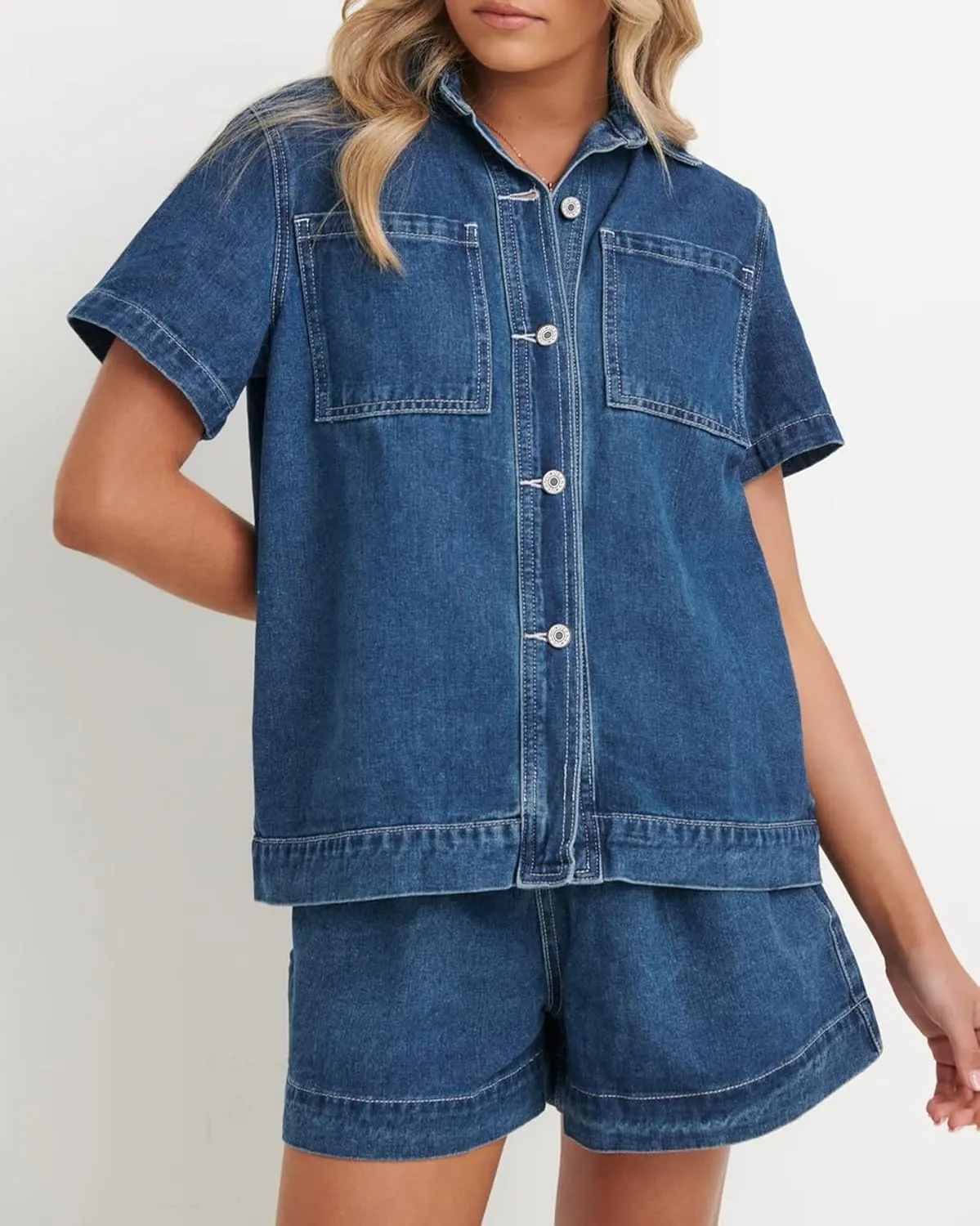 Kedera Summer Denim Set for Women 2 piece Casual Short Sleeve Boxy Shirt Tops and Shorts Pants Lounge Sets Outfits