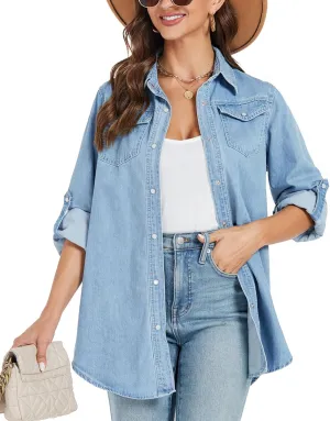 Kedera Womens Button Down Denim Shirt Long Sleeve Roll Up Boyfriend Jean Jacket Shacket