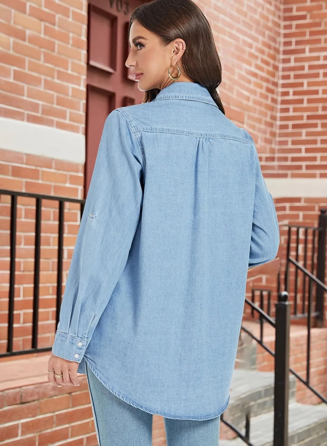 Kedera Womens Button Down Denim Shirt Long Sleeve Roll Up Boyfriend Jean Jacket Shacket