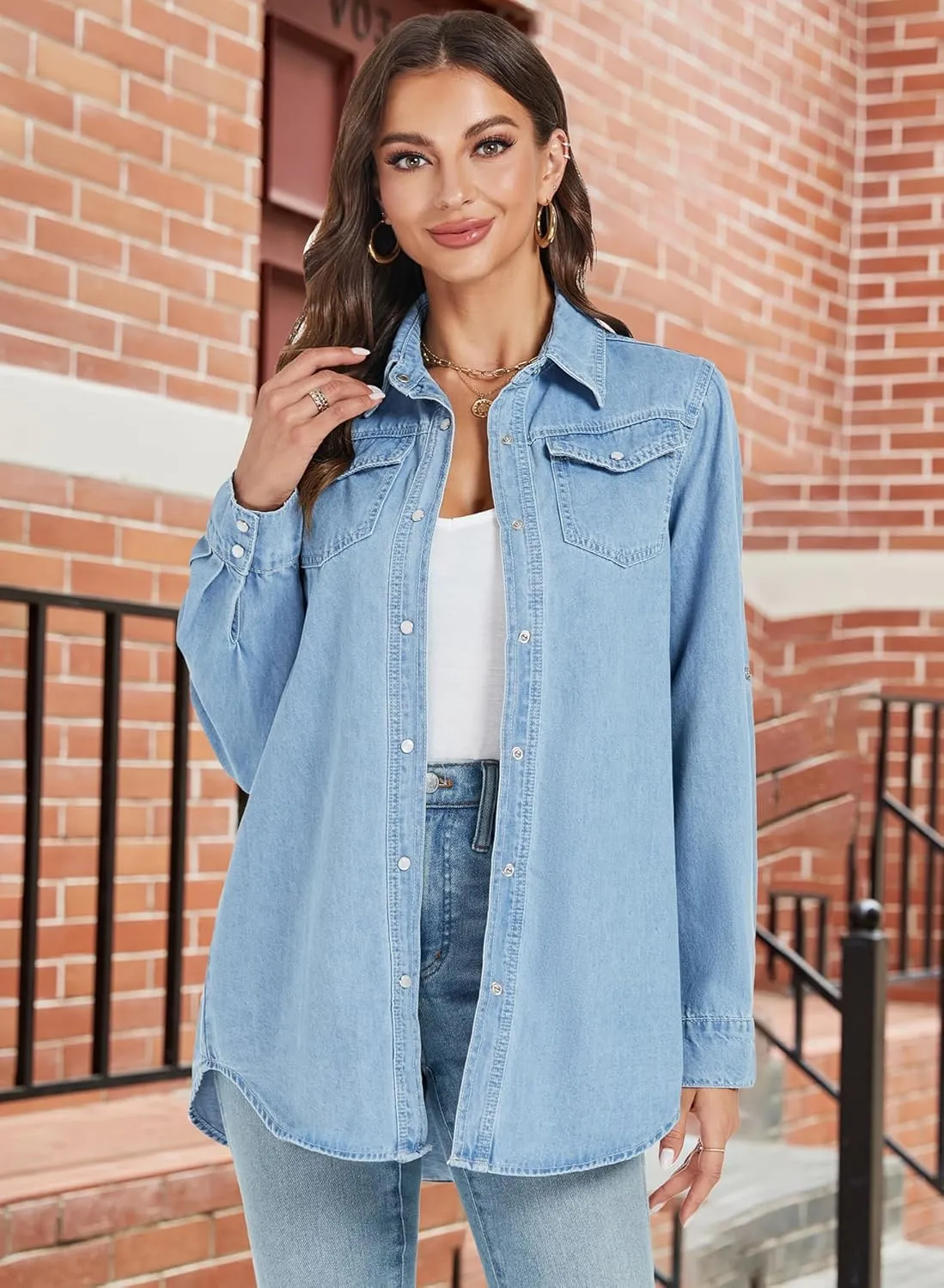 Kedera Womens Button Down Denim Shirt Long Sleeve Roll Up Boyfriend Jean Jacket Shacket