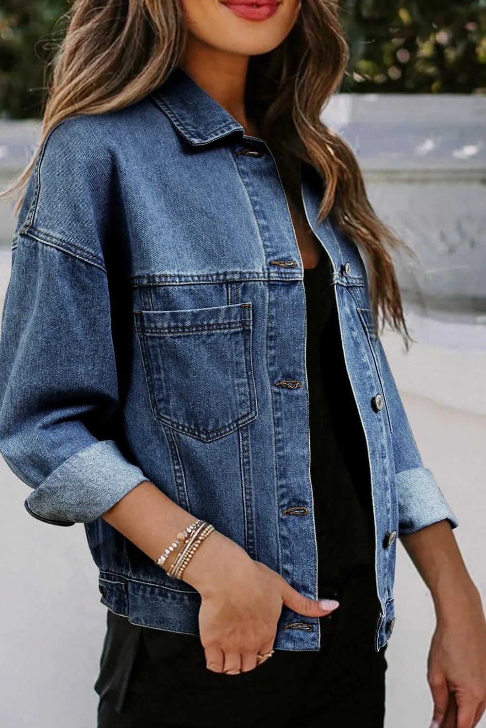 KevaMolly Womens Denim Jacket Long Sleeve Washed Oversize Pocketed Denim Jacket Pocket Casual Daily Coat