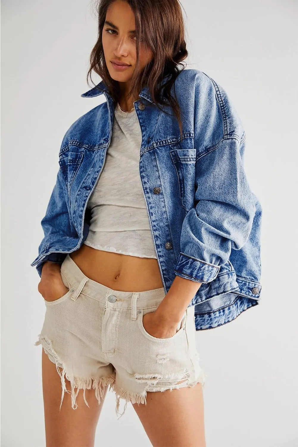 KevaMolly Womens Denim Jacket Long Sleeve Washed Oversize Pocketed Denim Jacket Pocket Casual Daily Coat