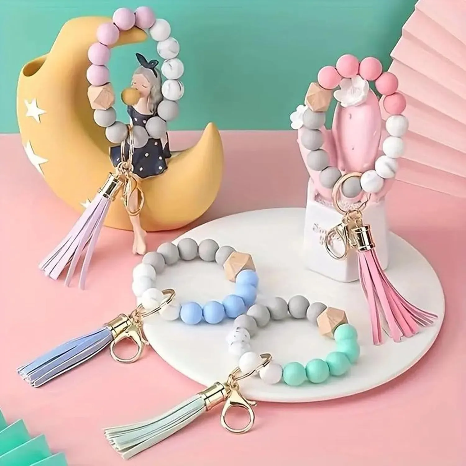 Keychain Bracelet Silicone Key Ring Wristlet with Leather Tassel Wrist Key Bead keyring for Women
