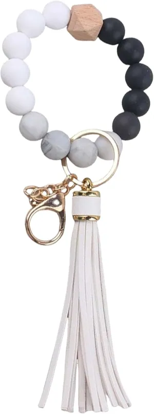Keychain Bracelet Silicone Key Ring Wristlet with Leather Tassel Wrist Key Bead keyring for Women