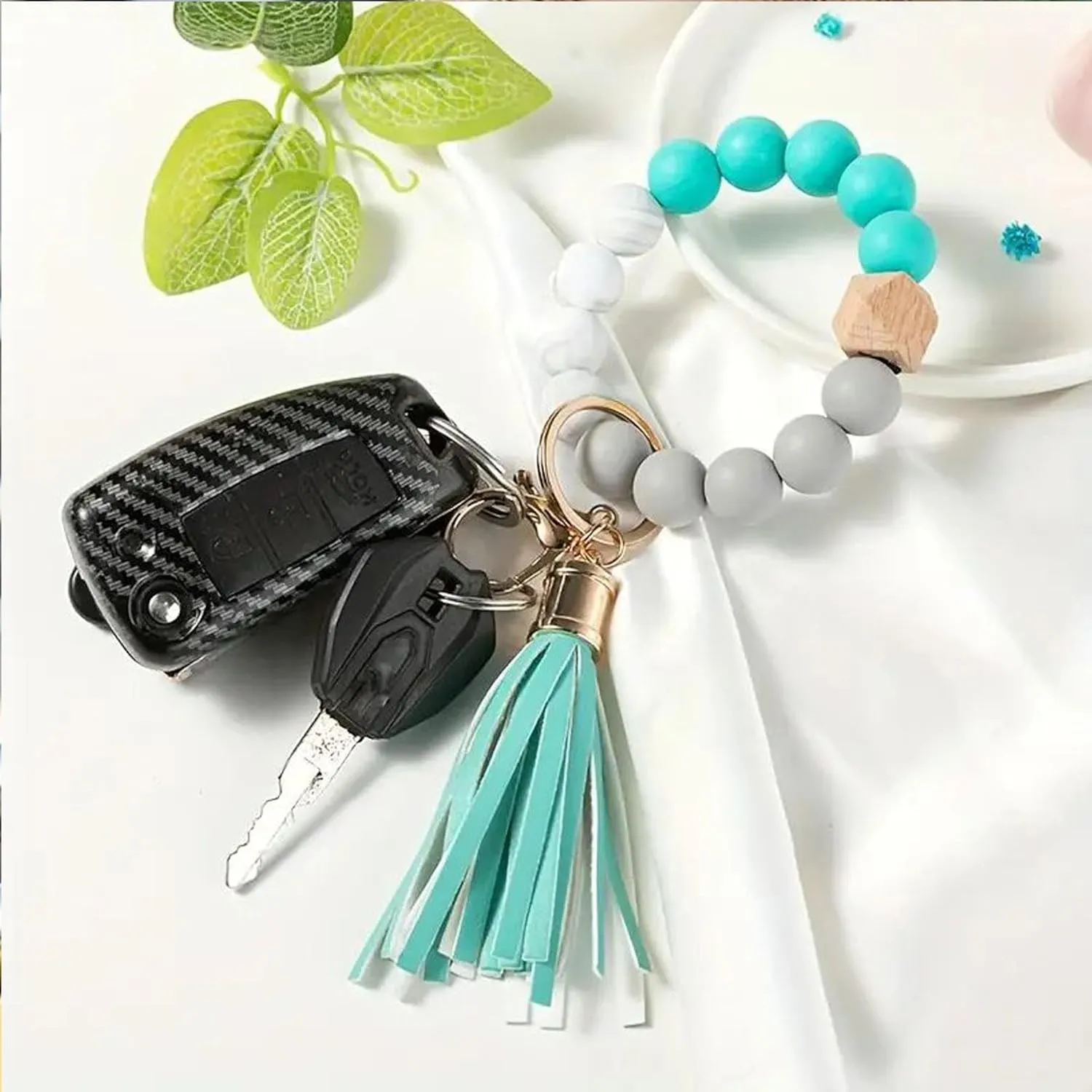 Keychain Bracelet Silicone Key Ring Wristlet with Leather Tassel Wrist Key Bead keyring for Women