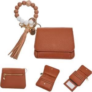 Keychain Wallet RFID for Women Key Chain Wristlet Bracelet With Wallet Silicone Stretchy Wrist Strap With Id Window Purse (Brown)