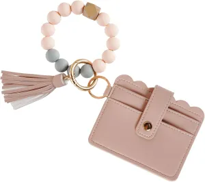 Keychain Wallet Wristlet Credit Card Holder Purse Tassel Key Chain Beads Bracelet Bangle for Women (Pink)