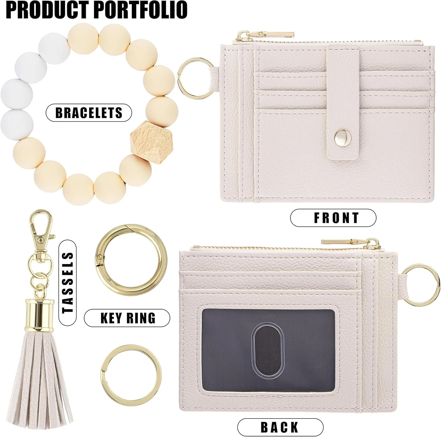 Keychain Wristlet Wallet for Women, Slim RFID Credit Card Holder Purse Tassel Keychain Bangle Key Ring for Women (Upgrade RFID, Beige)
