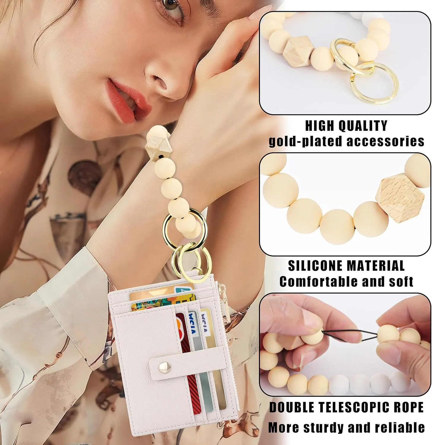 Keychain Wristlet Wallet for Women, Slim RFID Credit Card Holder Purse Tassel Keychain Bangle Key Ring for Women (Upgrade RFID, Beige)