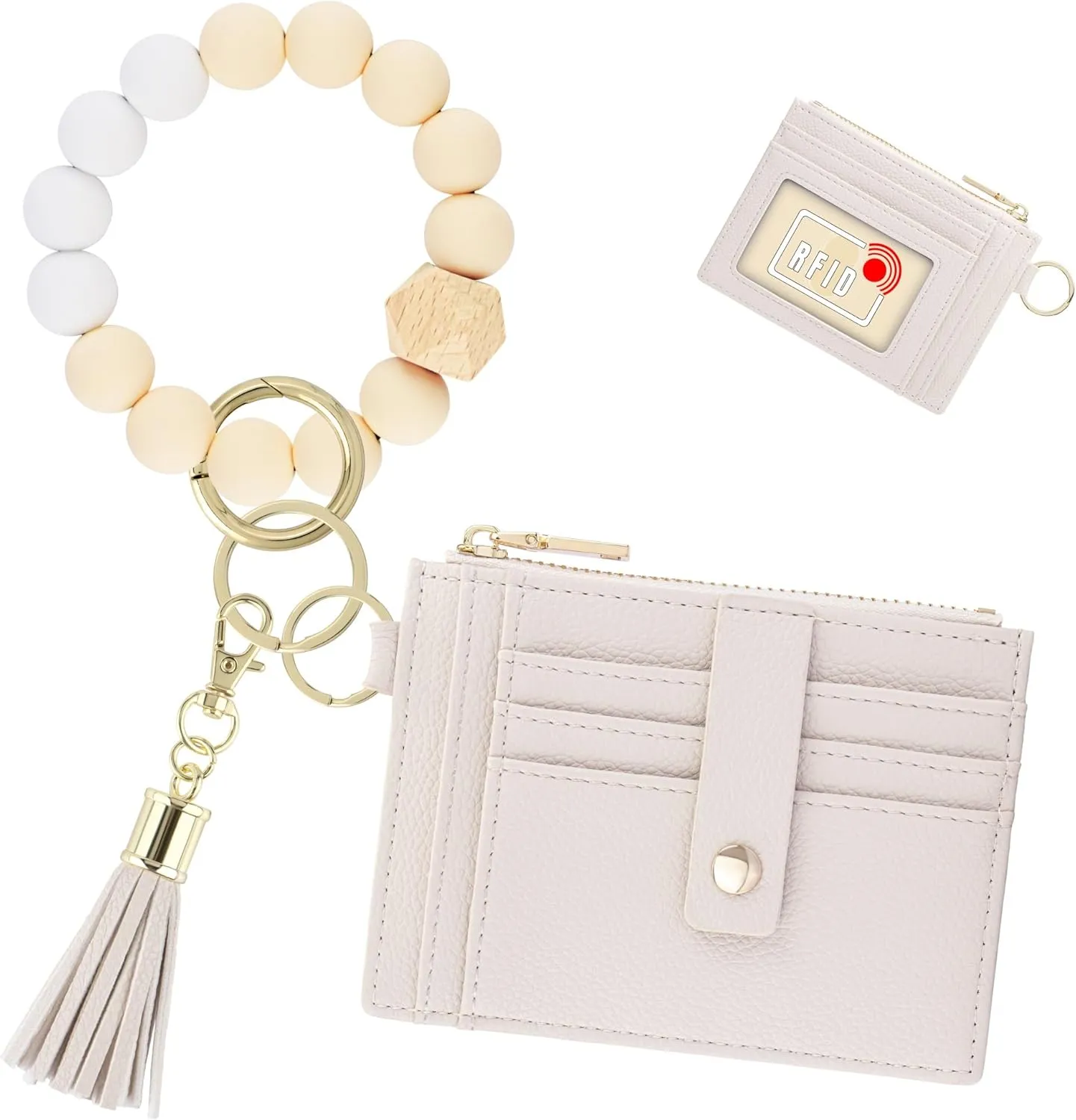 Keychain Wristlet Wallet for Women, Slim RFID Credit Card Holder Purse Tassel Keychain Bangle Key Ring for Women (Upgrade RFID, Beige)