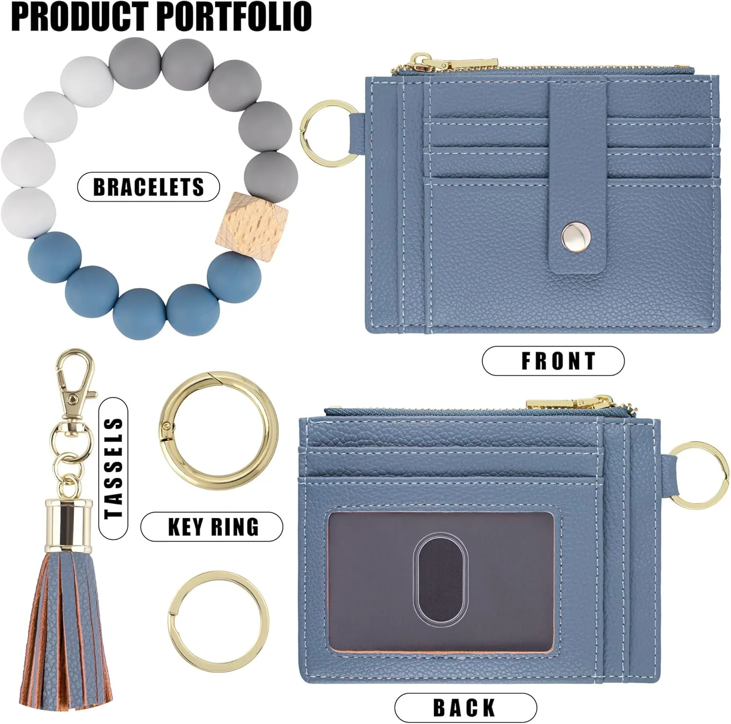 Keychain Wristlet Wallet for Women, Slim RFID Credit Card Holder Purse Tassel Keychain Bangle Key Ring for Women (Upgrade RFID, Blue)