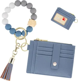 Keychain Wristlet Wallet for Women, Slim RFID Credit Card Holder Purse Tassel Keychain Bangle Key Ring for Women (Upgrade RFID, Blue)