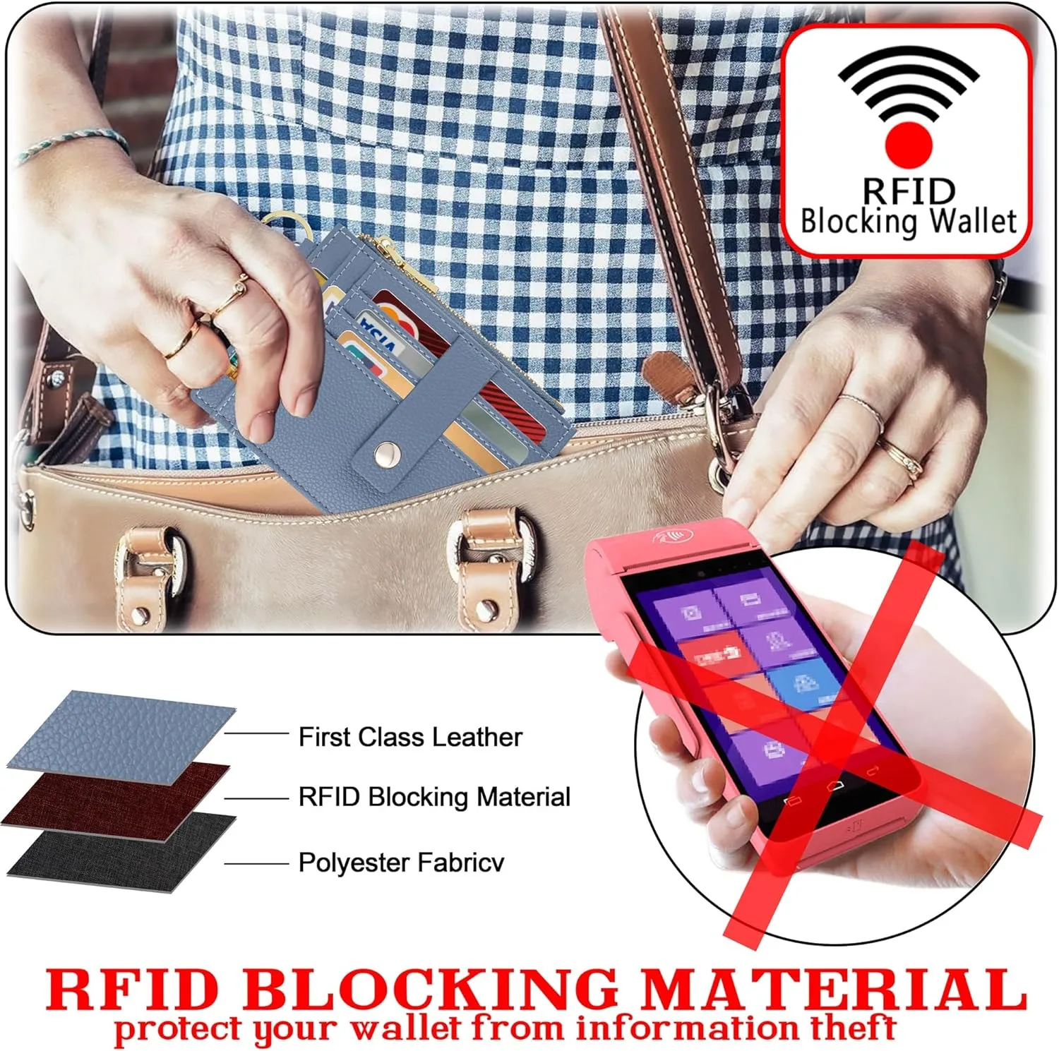 Keychain Wristlet Wallet for Women, Slim RFID Credit Card Holder Purse Tassel Keychain Bangle Key Ring for Women (Upgrade RFID, Blue)