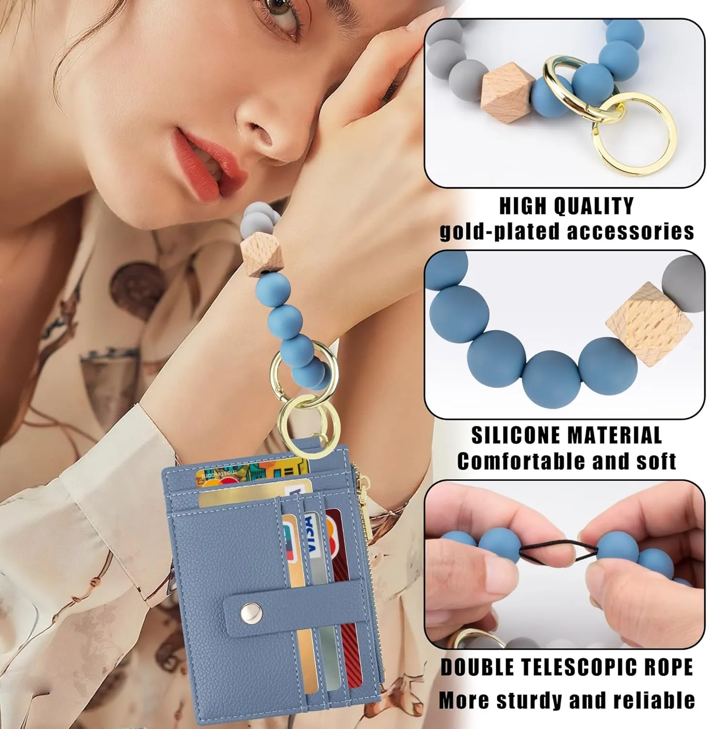 Keychain Wristlet Wallet for Women, Slim RFID Credit Card Holder Purse Tassel Keychain Bangle Key Ring for Women (Upgrade RFID, Blue)
