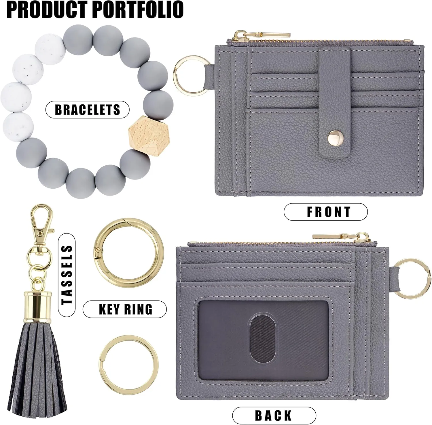 Keychain Wristlet Wallet for Women, Slim RFID Credit Card Holder Purse Tassel Keychain Bangle Key Ring for Women (Upgrade RFID, Gray)