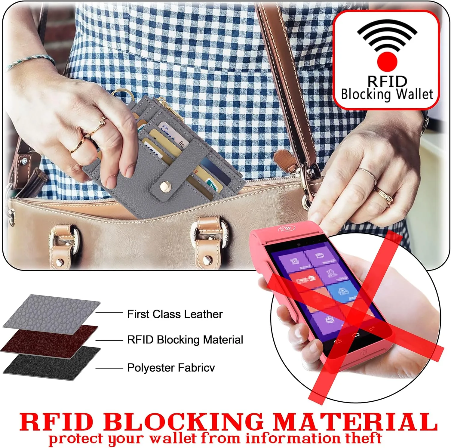 Keychain Wristlet Wallet for Women, Slim RFID Credit Card Holder Purse Tassel Keychain Bangle Key Ring for Women (Upgrade RFID, Gray)