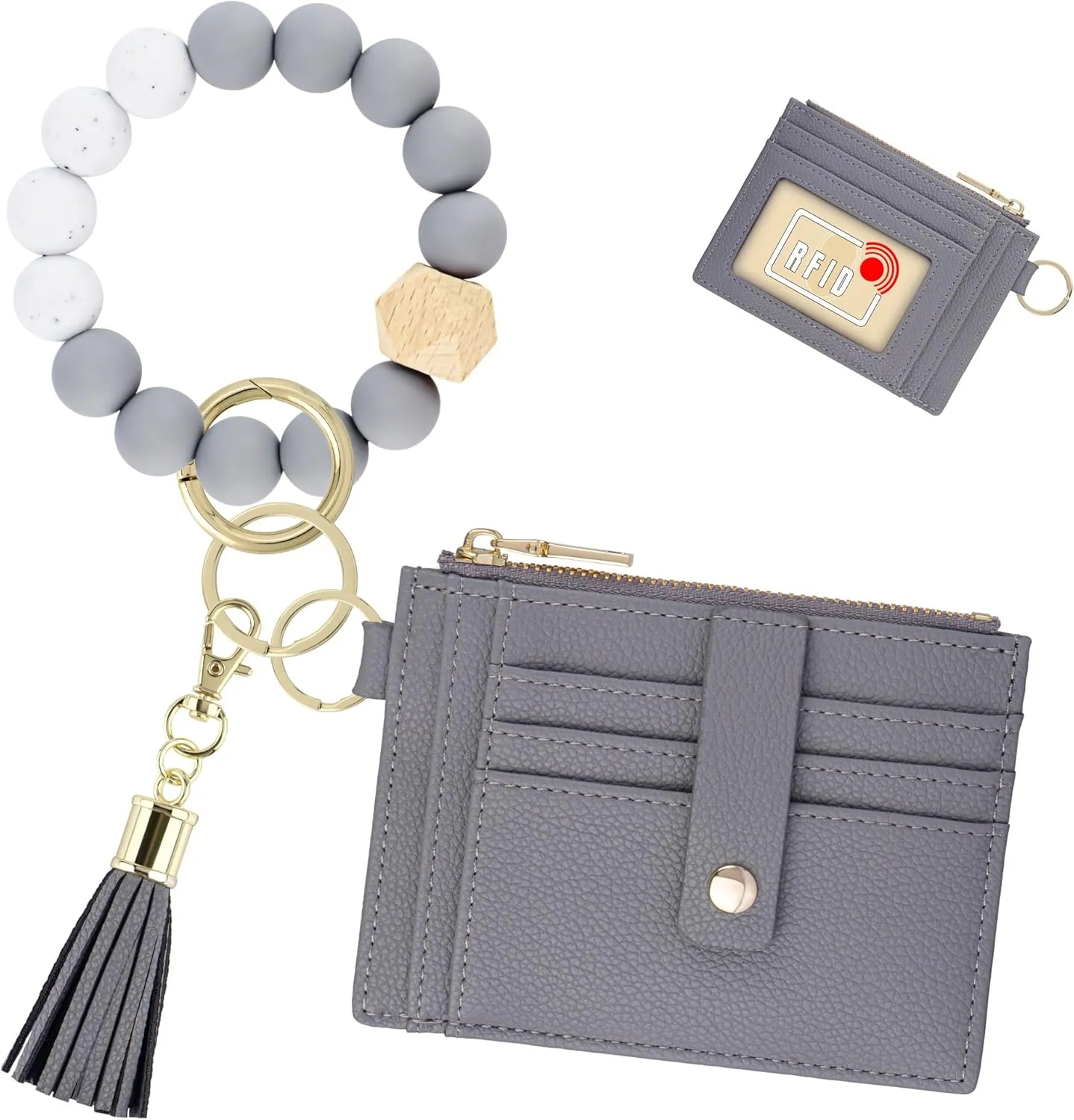 Keychain Wristlet Wallet for Women, Slim RFID Credit Card Holder Purse Tassel Keychain Bangle Key Ring for Women (Upgrade RFID, Gray)