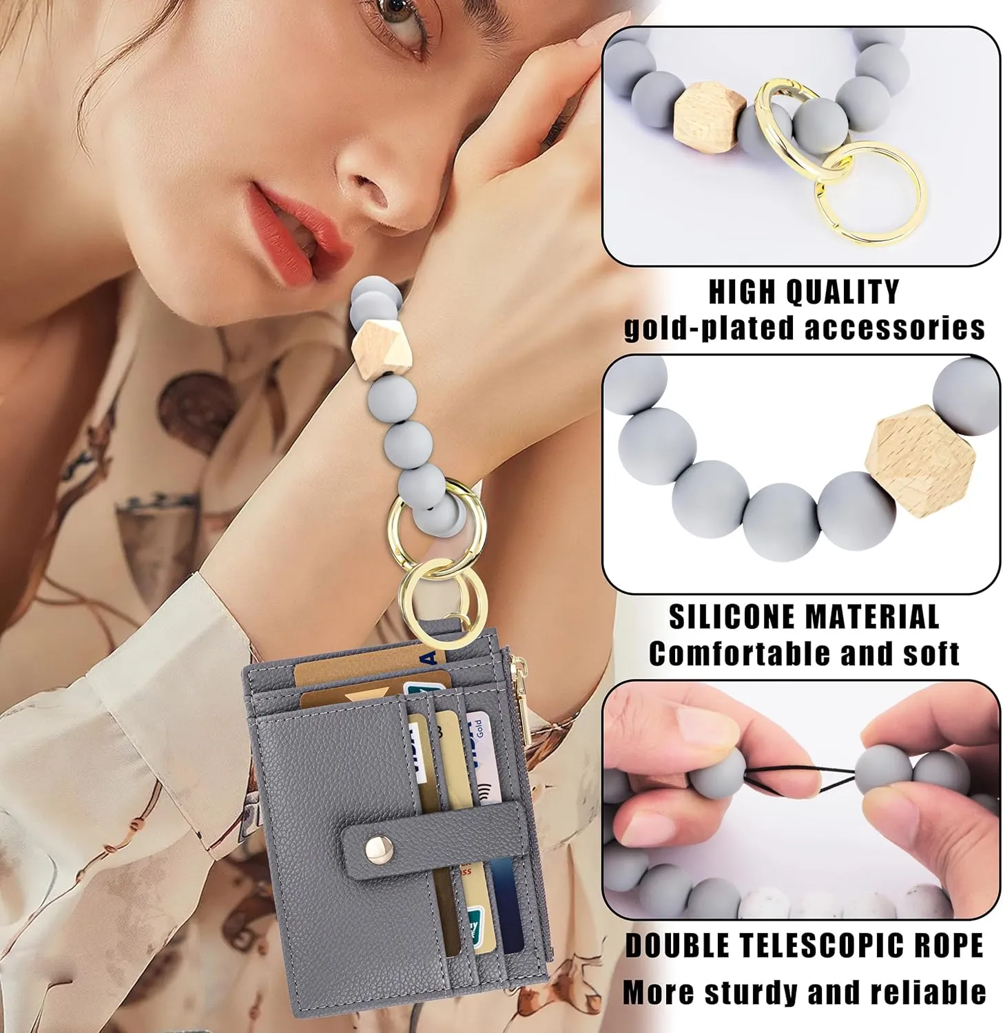 Keychain Wristlet Wallet for Women, Slim RFID Credit Card Holder Purse Tassel Keychain Bangle Key Ring for Women (Upgrade RFID, Gray)